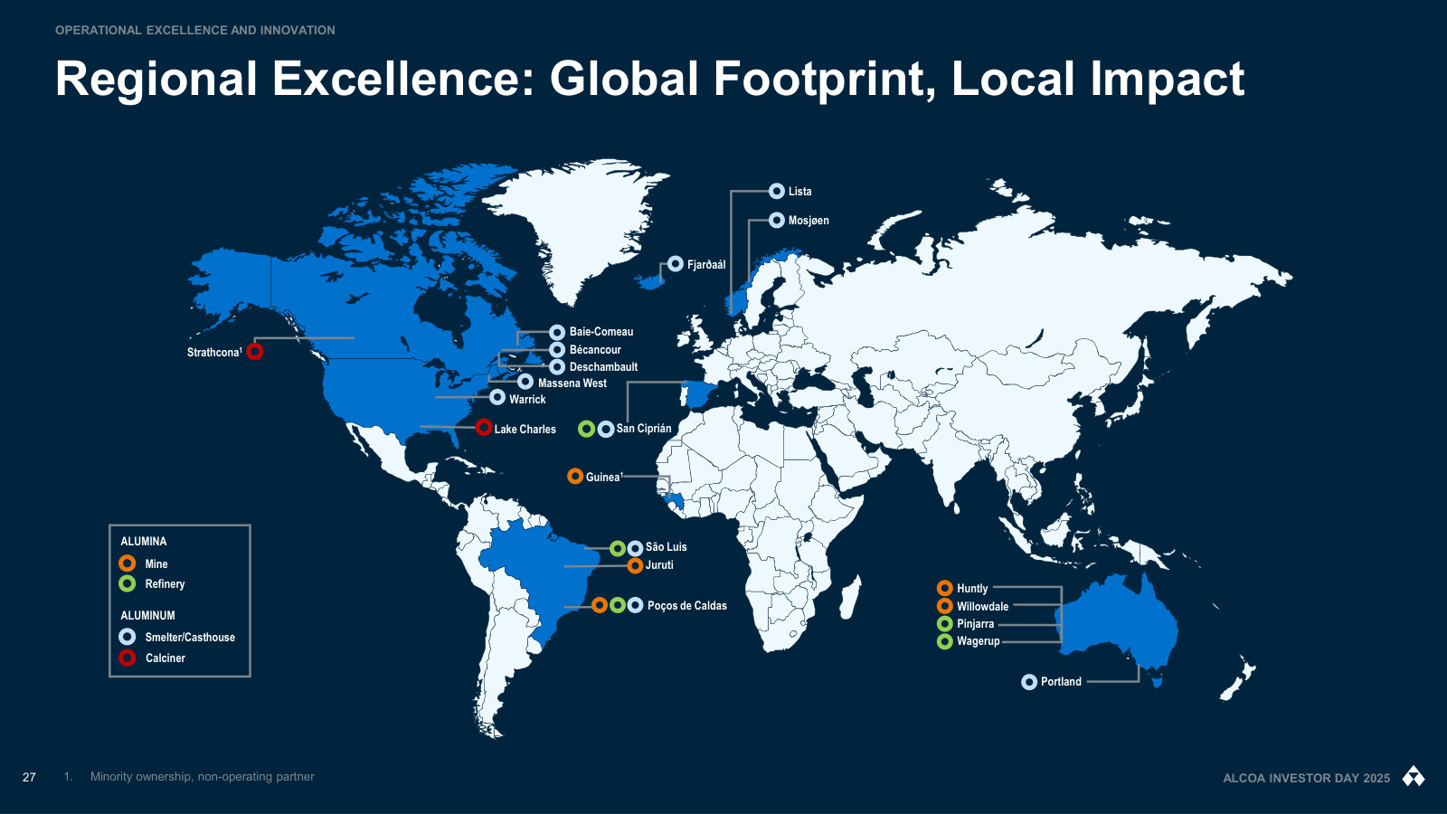 Every operating site named on one map — the mine-to-metal network across North America, Europe, Brazil, Australia and Guinea.