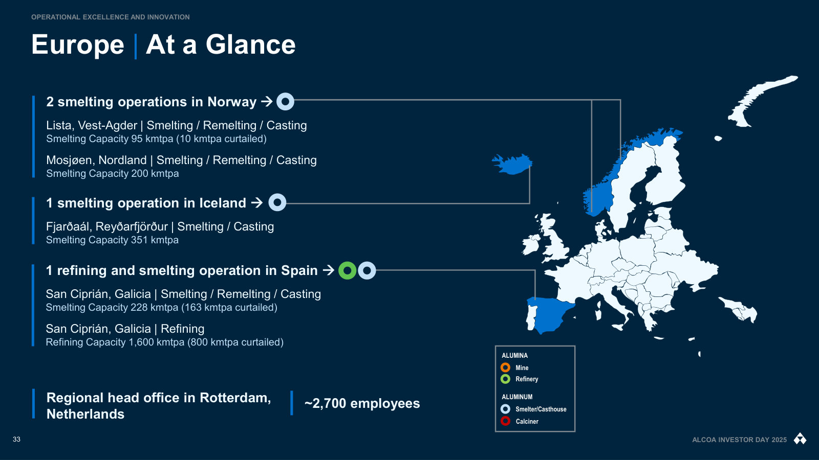 Europe at a glance: smelters in Norway and Iceland and the San Ciprián refinery-smelter in Spain, with capacity and curtailments.