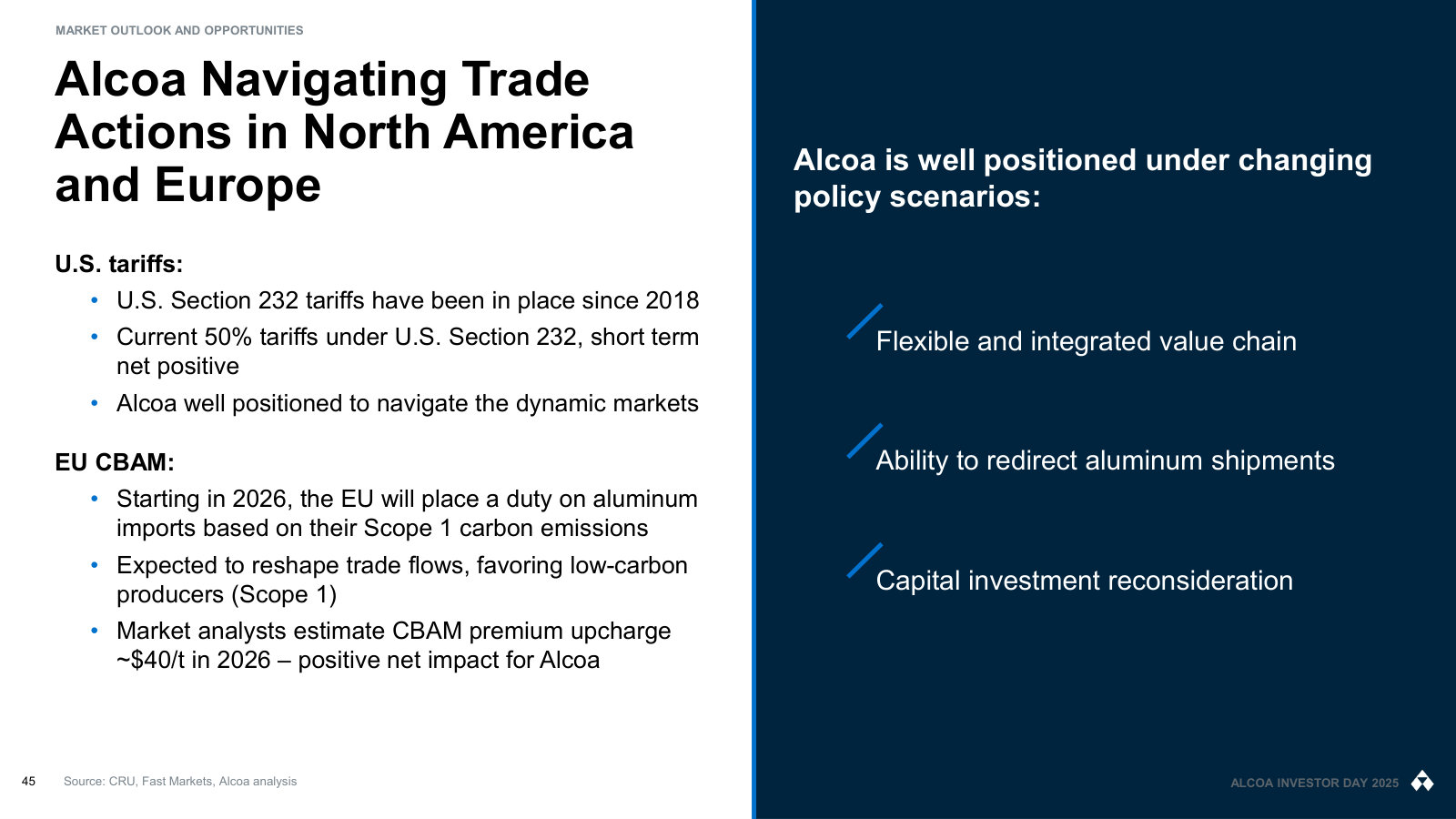 How Section 232 tariffs and the EU's 2026 CBAM carbon duty affect Alcoa — and why its integrated, low-carbon position helps.
