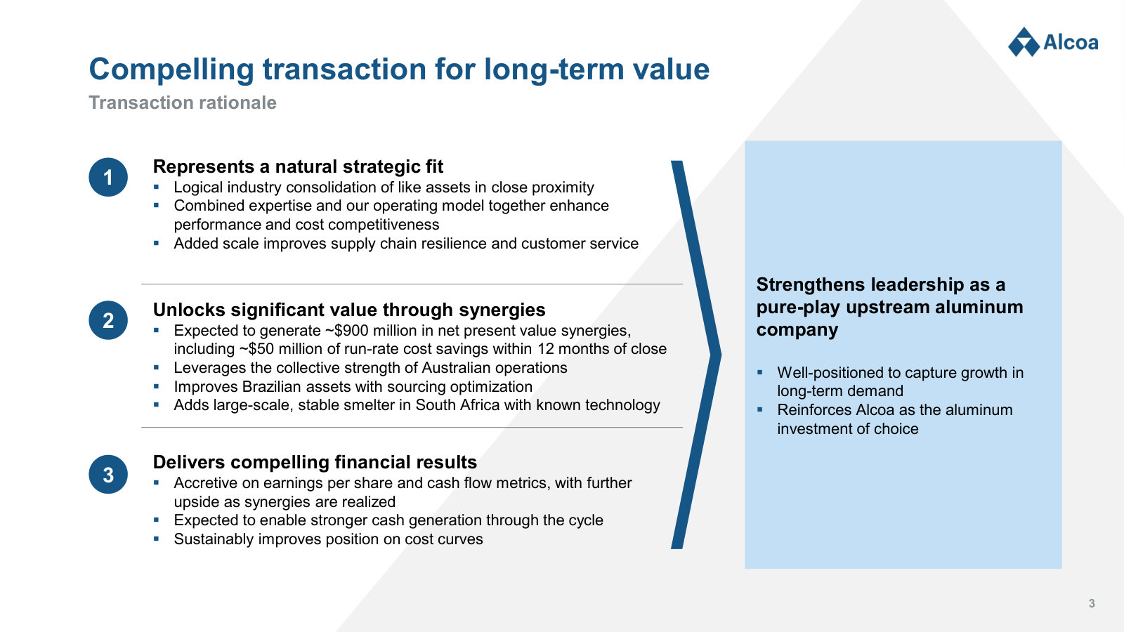 Why Alcoa is buying: adjacent like-for-like assets, ~$900M of synergies and reinforced status as a pure-play upstream producer.