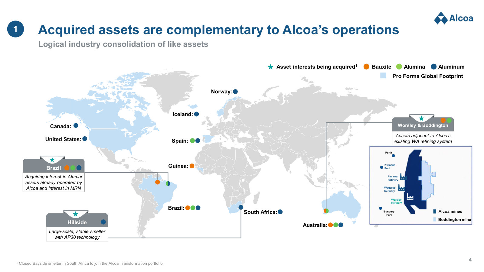Map of the acquired assets and how they slot into Alcoa's footprint — notably Worsley/Boddington beside its Western Australia system.